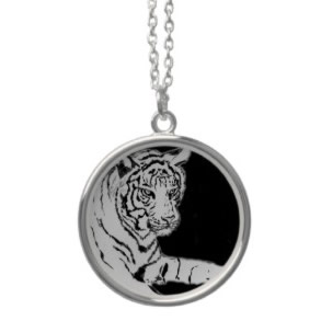White Bengal Tiger Art Painting Silver Necklace Round Pendant Charm